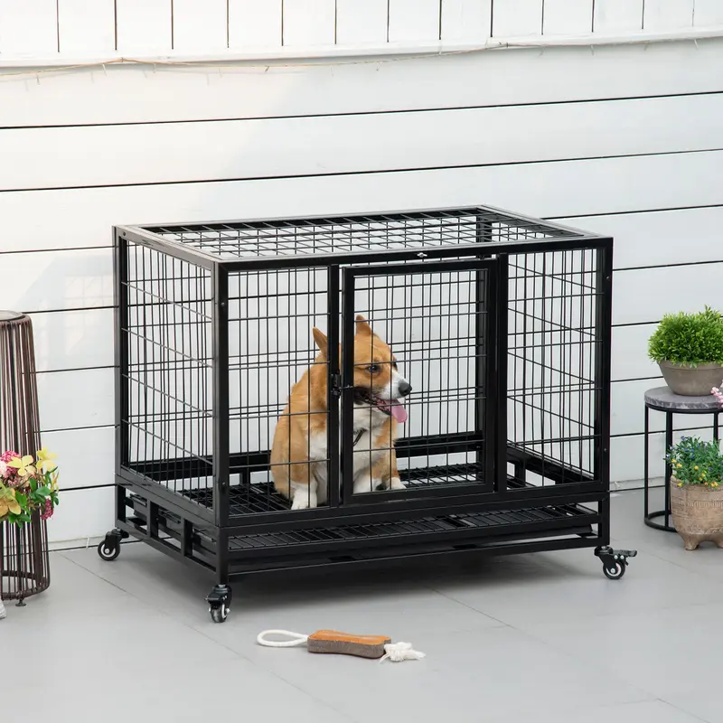 38" Heavy Duty Metal Dog Crate Pet Cage with Tray Wheeled Dog Kennel - Black (Medium) 1