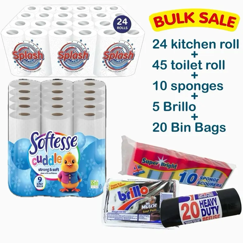 Bundle Deal - 45 Toilet Paper - 24 Kitchen Paper - 10 Sponges - 5 Brillos - 20 Bin Bags - £20 - Wipes