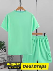 Men's Solid Drop Shoulder Tee & Drawstring Waist Shorts Set, Casual Fashion Cozy Soft Round Neck T-shirt & Pocket Cargo Shorts for Daily Workout Running, Clothes