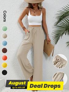 Women's Plain Pocket Tie Front Elastic Waist Straight Leg Pants, Casual Woven Fabric High Waist Wide Leg Trousers for Daily Wear, Ladies Bottoms for All Seasons, Baggy Pants