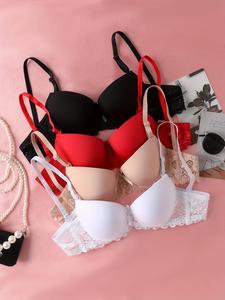 Women's Spring 4pcs Plain Contrast Lace Sheer Scallop Trim Bra, Casual Comfortable Adjustable Strap Push Up Bra for Daily Wear, Ladies Plunge Lingerie for All Seasons