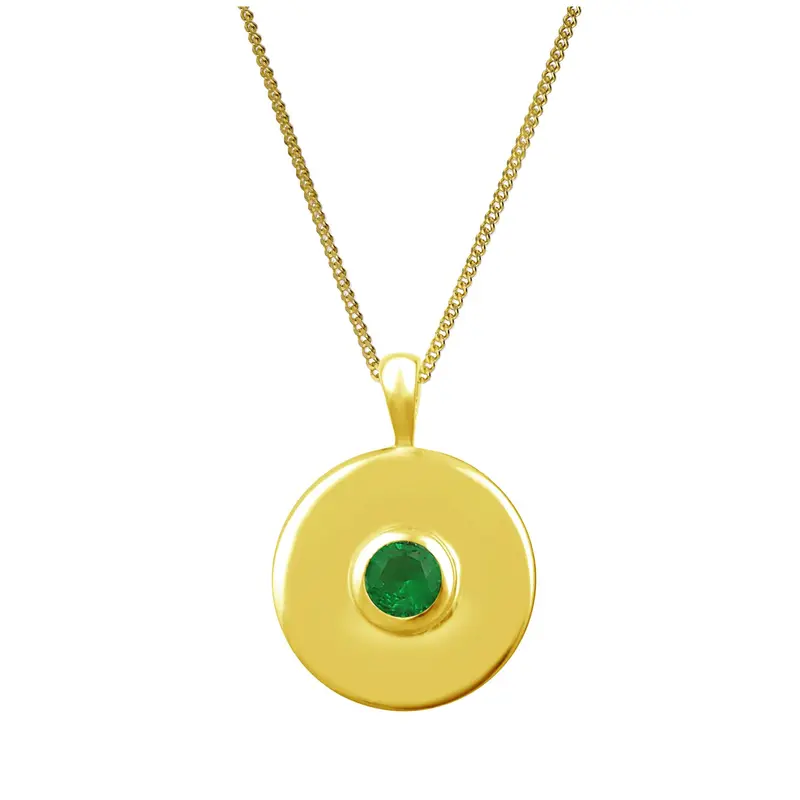 Gold Plated Sterling Silver Emerald CZ Plain Disc Medallion Necklace 14 - 32 Inches 0