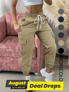 Women's Plain Drawstring Waist Cargo Pants, Athletic Casual Pocket Trousers for Daily Wear, Ladies Bottoms for All Seasons, Casual Sporty Trousers