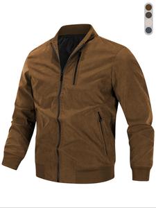 Men's Solid Pocket Zipper Bomber Jacket, Regular Fit Casual Long Sleeve Baseball Collar Outerwear for Fall & Winter, Men's Clothes for Daily Wear