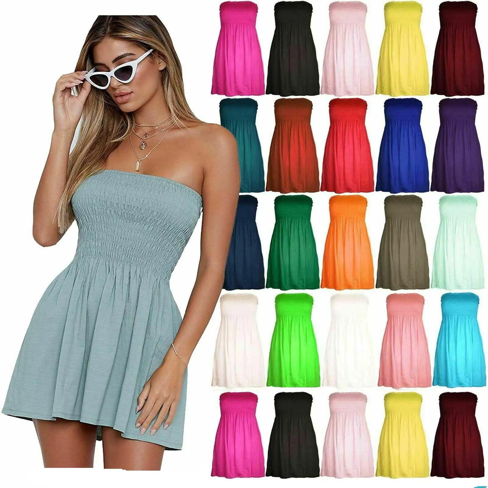Women's Sheering Gather Bandeau Boobtube Top Mini Dress Plain & Print One Size Fits UK 8-22