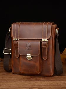Men's Vintage Solid Color Zipper Crossbody Bag, Fashionable Letter & Lion Head Embossed Leather Shoulder Bag for Daily Used, High-quality Cowhide Business Bag As Gift