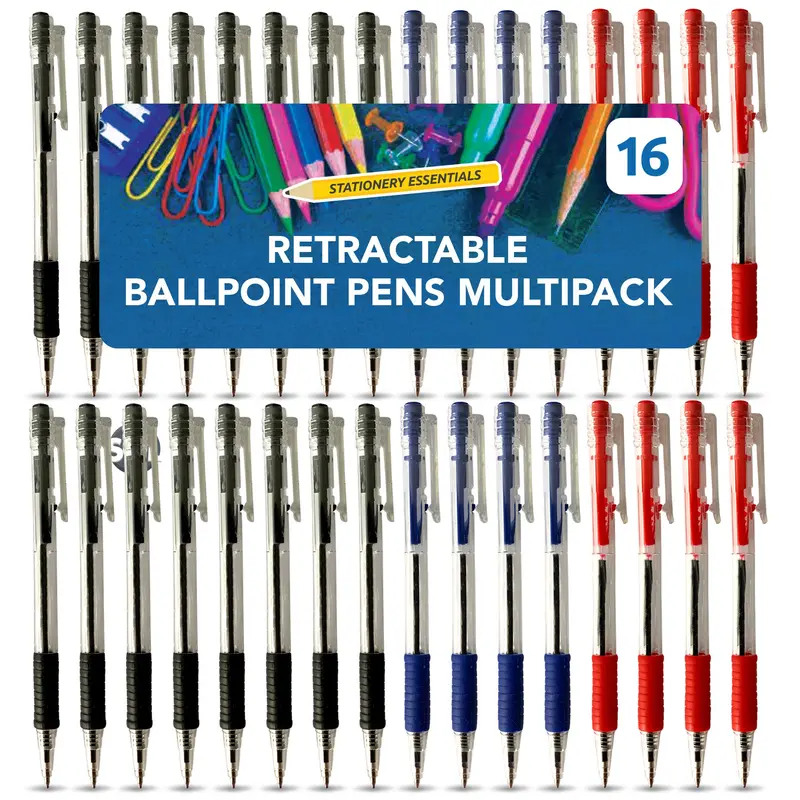 16-64 Blue Red Black Retractable Ballpoint Pens Biros 1.0mm Ink Smooth Grip Tip 2