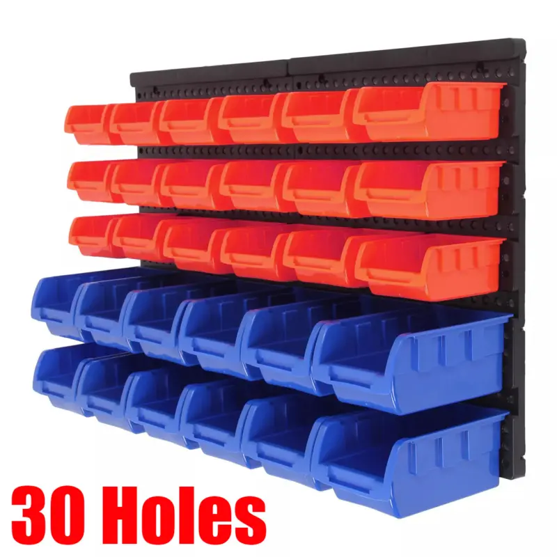 30Holes Plastic Bins Wall Mount Storage Garage Tools Small Parts Organizer Rack Boxes 0