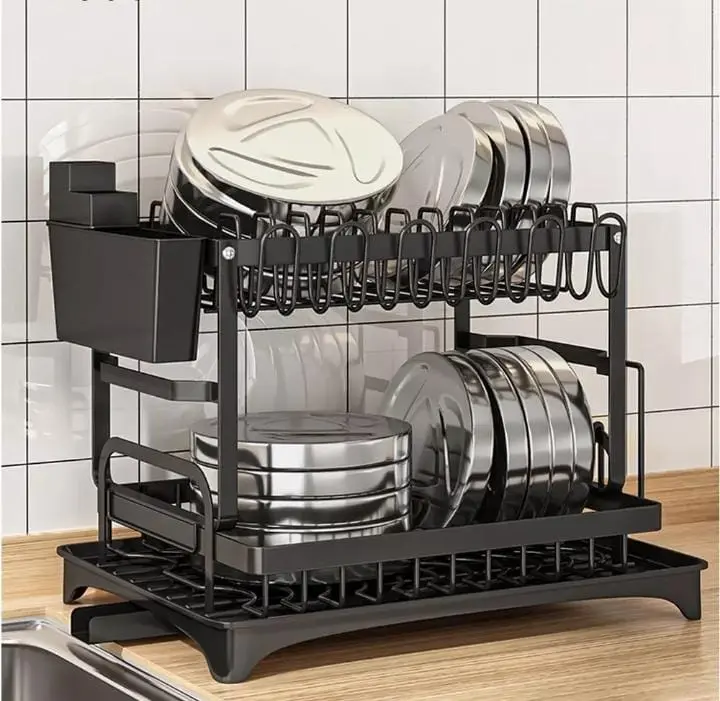 2 Tier Dish Drainer, Multifunctional Dish Drainer Rack, Rustproof Kitchen Dish Drying Rack  Holder, Space-Saving Dish Kitchen Counter, Large, Black Storage Holders & Racks Cabinet Organizer  Steel Waterproof Decor Installation dish  drying  rack 6
