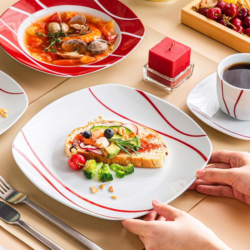MALACASA Dinnerware Sets, 18/24/30-Piece Porcelain Square Dishes, Gray White with Red Rim, Modern Dish Set for 6 - Plates and Bowls Sets, Ideal for Dessert, Salad, and Pasta - Series FELISA 5