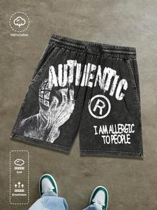 Men's Letter Print Wash Denim Shorts, Regular Fit Casual Street Shorts for Summer, Men's Bottoms for Daily Wear, Cotton, Casual Athletic Shorts