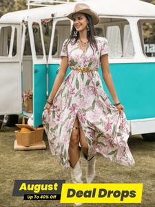 Women's Floral Print Button Front Shirred Dress, Boho Pocket V Neck Short Sleeve A Line Dress, Women's Dress for Summer Beach Holiday Vacation