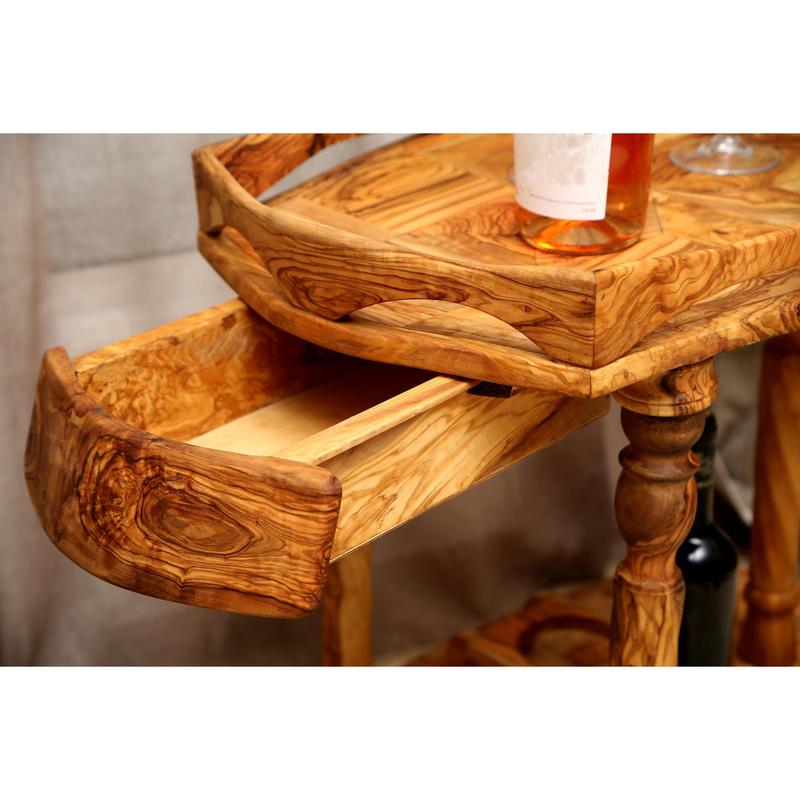Olive Wood Display Cart, Wooden wine cart, Beautiful bar cart, artisanal cart, handmade, home decor, gift 2