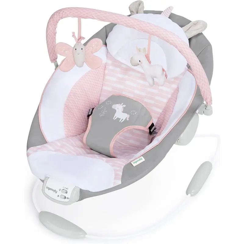 Ingenuity, Cradling Baby Bouncer Seat Flora the Unicorn, Ultra-Plush Padded Chair with Vibration and Melodies, Removable Toy Bar, Ages Newborn 0