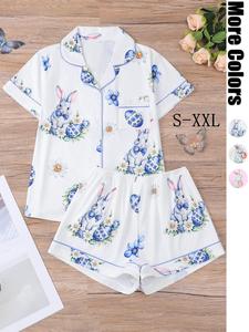 Women's Easter Egg Floral Bunny & Floral Print Shirt & Elastic Waist Shorts Pyjama Set, Casual Comfy Bunny Graphic Short Sleeve Top & Shorts Pj Set, Ladies Sleepwear for All Seasons, Pajamas, Loungewear, Shortsleeve Womenswear