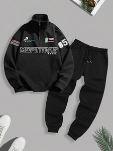 Men's Letter Print Zip Design Pullover & Pants Two-piece Set, Loose Casual Long Sleeve Top & Trousers for Spring & Fall, Men's Clothes for Daily Wear