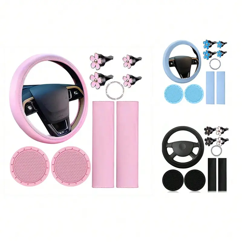 Leather Steering Wheel Cover Set, 10 Pcs Universal Leather Steering Wheel Wrap Cute WomenCar Accessories Set With Seat Belt Shoulder Pads Cup Holders Fit For Most Cars 8