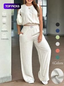 Two-Piece Set Women's Solid Color Tank Top & Wide Leg Pants Set, Casual Fashion Cozy Breathable Two-piece for Daily Outdoor Wear, Ladies Clothes for Summer, Suits