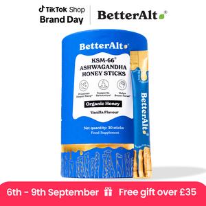 BetterAlt KSM-66 Ashwagandha Honey Sticks | Organic Multiflora Himalayan Honey | Helps Promote Relaxation, Focus | 1-Month Food Supplement