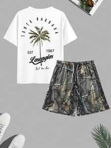 Men's Camo Print Short Sleeve Tee & Shorts Two-Piece Set, Loose Casual Round Neck T-shirt & Shorts, Summer Clothes Set for Men