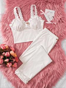 Frill Trim Backless Crop Cami Top & Elastic Waist Pants Pajama Set, Cute Lady Comfort Sleeveless Top & Flower Decor Trousers Pj Set, Summer Wear, Ladies Sleepwear Homewear, Lounge Sets, Pajama Sets, Grace Pyjamas, Sleepwear Loungewear Set, Womenswear