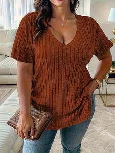 [ Plus Size]plain V Neck Vneck Tee, Casual Comfy Tee, Lady Casual Basic Cute Fitted Short Sleeve T-shirt for Summer, Women's Plus Clothing for Daily Wear, Going Out Tops, Women's T Shirts, Tshirts for Women, Womenswear, Reddish Orange Summer Clothes Women