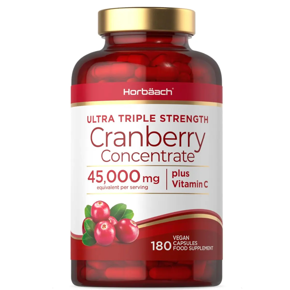 High Strength Cranberry Extract with Vitamin C Capsules - 45,000 mg, 180 Vegan Capsules, Supplement for Women & Men - Healthcare, Edible