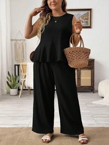 【Plus Size】 Two-Piece Set Solid Color Tank Top & Pants Set, Sleeveless Top & Trousers, Women's Two-piece Outfits for Summer, Stretchy Outfit Sets