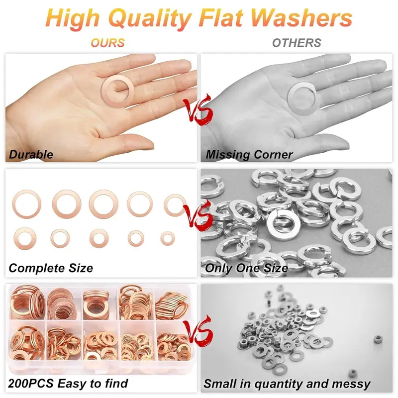 High-Quality Copper Sump Plug Washer Set 200 PCS Assorted Sizes M5-M14 for Engine Uses 4