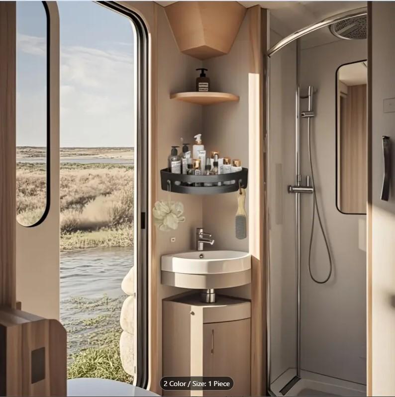 RV bathroom accessories, adapted to RV bathroom, ABS material, equipped with corner shower rack, adhesive shower rack without drilling, rust-proof toilet storage rack, wall-mounted bathroom shower organiser, black, gray RV Showers 6