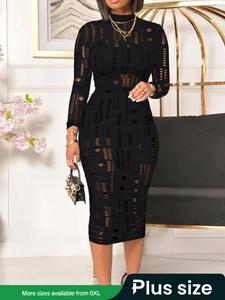 【plus Size】 Plain Sheer Bodycon Dress, Elegant Fashion Casual Chic Mock Neck Long Sleeve Dress for Daily Outdoor Wear, Women Clothing for All Seasons, Formal Womenswear