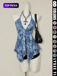 Y2K Women's Summer Butterfly Printed Sexy Hanging Neck Strap Top