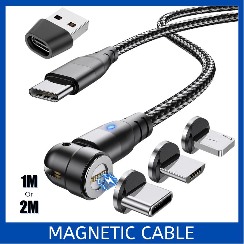 Magnetic Charging Cable 3 in 1 Magnet USB Cable 360 ° + 180 ° Rotating Charging Cable 3A Fast, 1M or 2M Nylon Braided Magnetic Cable Compatible with Micro USB,Type C/USB C,I-Phone, for phone, Tablets, and more, 3A USB C to USB C fast charging cable. 1
