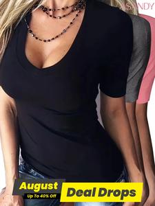 Women's Plain Deep V Neck Tee, Casual Chic Short Sleeve T-Shirt for Summer, Ladies Minimalist Clothes for Daily Wear, Tops