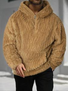 Men's Solid Kangaroo Pocket Zipper Fuzzy Hooded Sweatshirt, Regular Fit Casual Drop Shoulder Long Sleeve Hooded Sweatshirt for Fall & Winter, Men's Clothes for Daily Wear