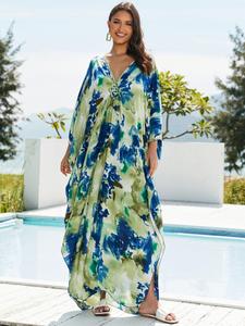 Women's All Over Print Batwing Sleeve Split Thigh Kaftan Dress, Boho V Neck Long Sleeve Cover Up Dress for Beach Holiday Vacation, Ladies Clothes for All Seasons
