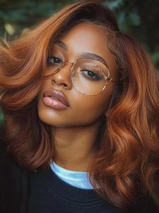 16 Inch Orange Human Hair Short Bob Wigs for Women, Gorgeous Fluffy Wigs with Curtain Bangs, Human Hair Lace Front Wigs for Party, Daily Use