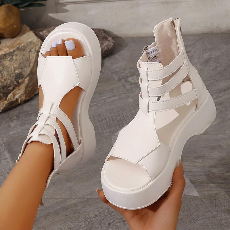 Product Introduction of Women'S White Platform Wedge Sandals - Large Size, Open Toe, Zipper Closure, Faux Cover, Comfortable Chunky Heel for Casual Wear, Casual Wear Sandals|Wide Platform Heels|Synthetic Cover Sandals, Chunky Heel Sandals 2