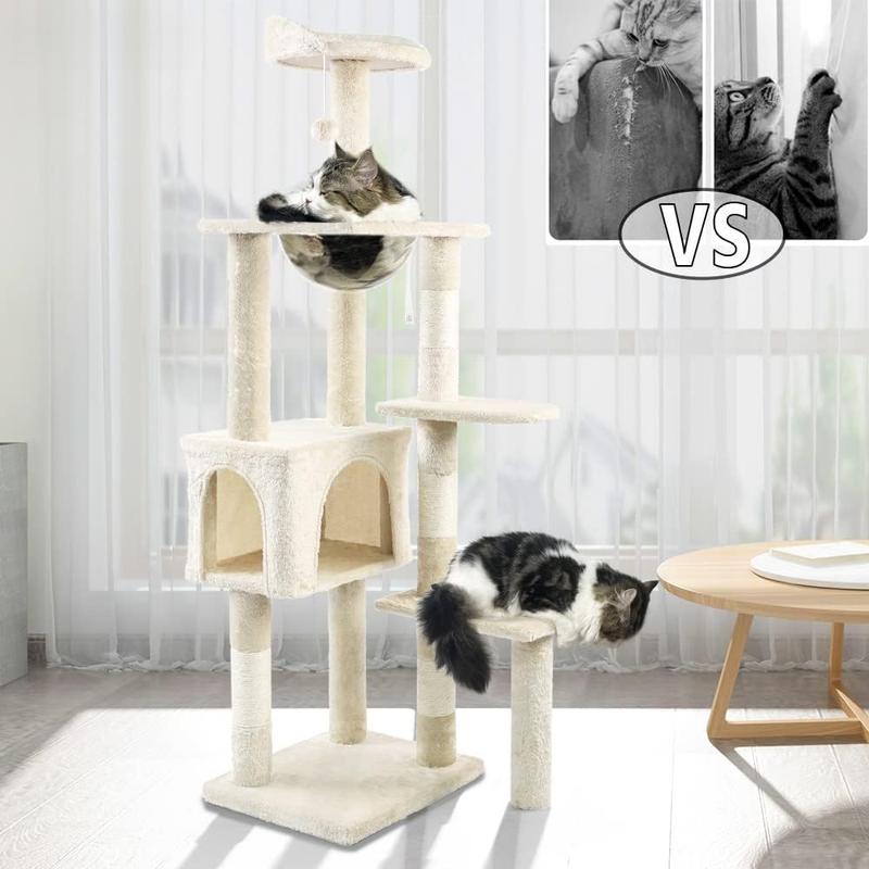 114 UK-GB  Cat Tree with Scratching Post & House, Stable Cat Play Tower, Multi-Level Activity Centre for Indoor Cats, Kitten Climbing Frame, Beige 5