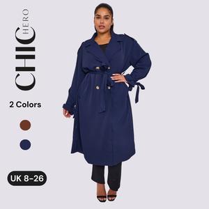 ChicHero Premium Solid Double Breasted Button Long Sleeve Trench Coat With Adjustable Belt and Pockets Womenswear Casual Clothes