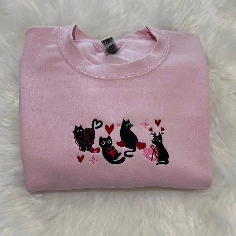 Embroidered Black Cat Valentine Sweatshirt, Heart Cat Sweatshirt, Black Cat Embroidered, Valentines Day Black Cat Sweatshirt, Cat Lover Gift 2