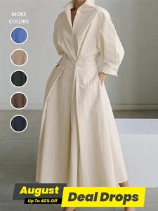2025 Trendy, Women's Plain Button Front Wrap A Line Pockets Dress, Casual Collared Long Dress for Spring & Fall, Women's Clothing for Daily Wear, Long Sleeve Flowy Dress, Casual Loose Dress