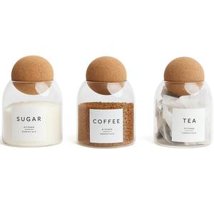 CROWNSHOP Set of 3 Modern Glass Canisters - Tea, Coffee & Sugar Jars with Cork Ball Lids (500ml Each)