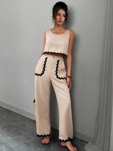 Women's Contrast Binding Tank Top & Wide Leg Pants Two-piece Set, Elegant Fashion Casual Two Piece Outfits for Daily Outdoor Wear, Ladies Clothes for All Seasons, Travel, Womenswear