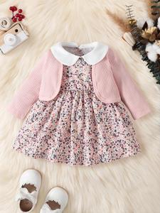 Baby Girl's 2pcs Ditsy Floral Print Dress & Open Front Cardigan, Cute Spring & Fall Two-Piece Outfits For Baby Girls, Newborn Infant Kids Clothes Gifts