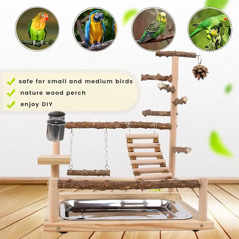 WishesMar Bird Playground Parrot Play Stand with Feeder Cup Swing Climb Ladder and Tray Budgie Playground Cage Exercise Gym Toys for Parakeets Cockatiel, Wooden, Size About 17.7x14.6x10.2 In #A 5
