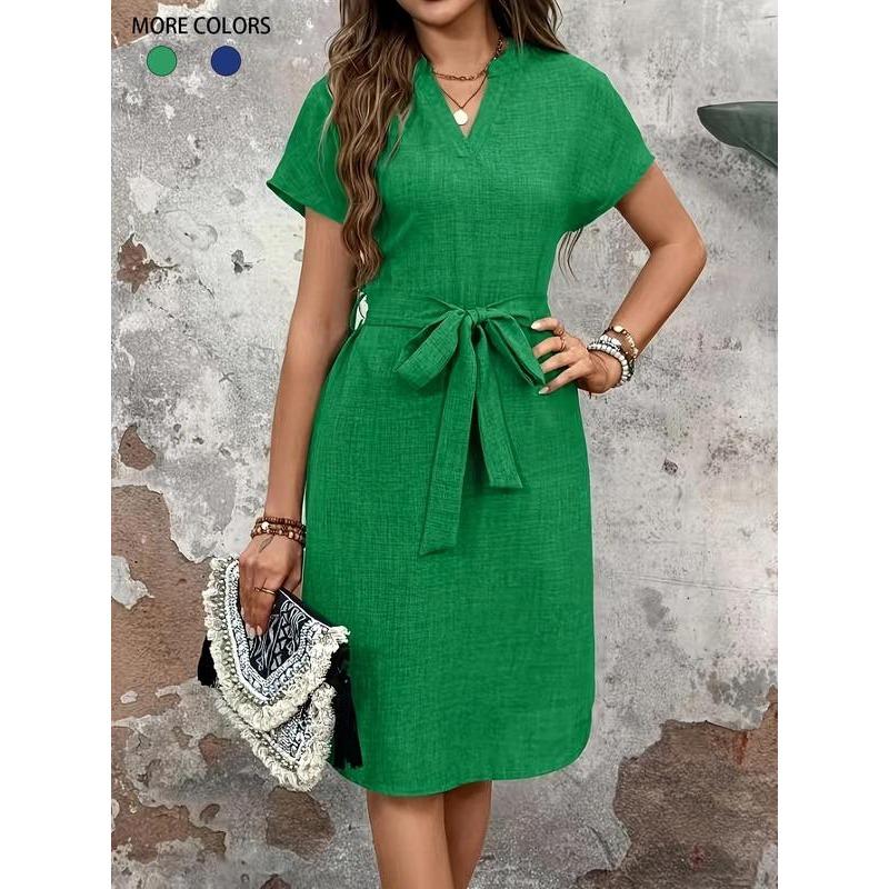 Women's Plain Belted Notched Neck Dress, Casual Short Sleeve Knee Length Dress for Summer, Ladies Clothes for Daily Wear 4