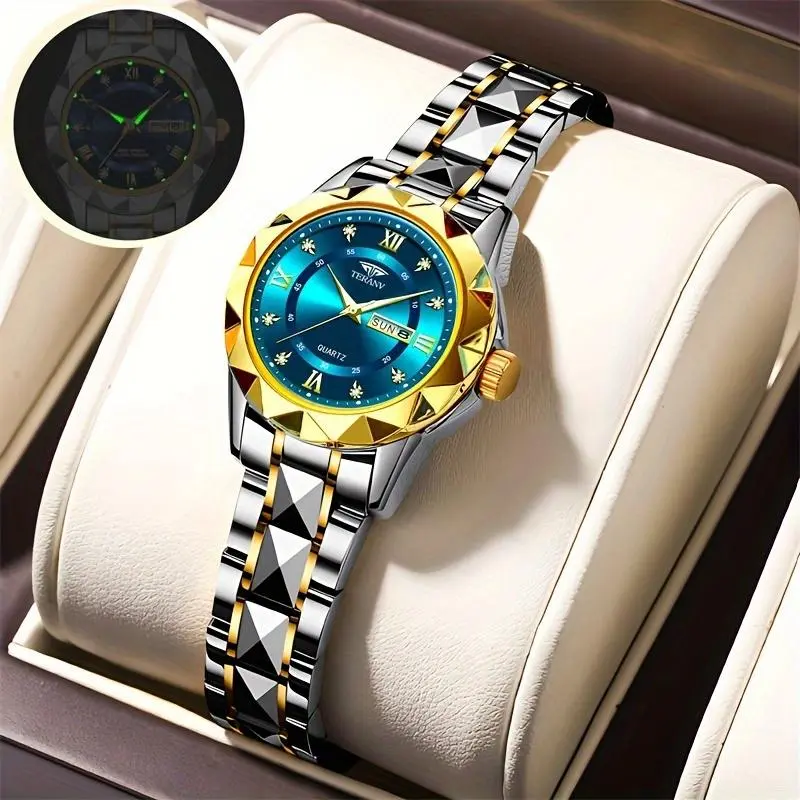 A New Stylish Stainless Steel Ladies Watch With Night Light, Calendar, And Week Display Is An Ideal Choice For Ladies' Sports Watches For Simple And Casual Lifestyle Travel Quartz Watch Birthday Gifts Holiday Gifts Presents. 1