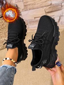 High-Quality Women's Breathable Knit Fleece Lined Sneakers, Knitted Running Shoes, Winter Fashion Casual Lightweight Soft Sole Walking Shoes, Outdoor Comfort Low Top Running Shoes