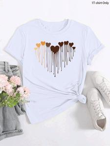 Women's Cartoon Heart Print Round Neck Sport  Tee, Casual Short Sleeve Crew Neck T-shirt for Daily Wear, Ladies Clothes for All Seasons